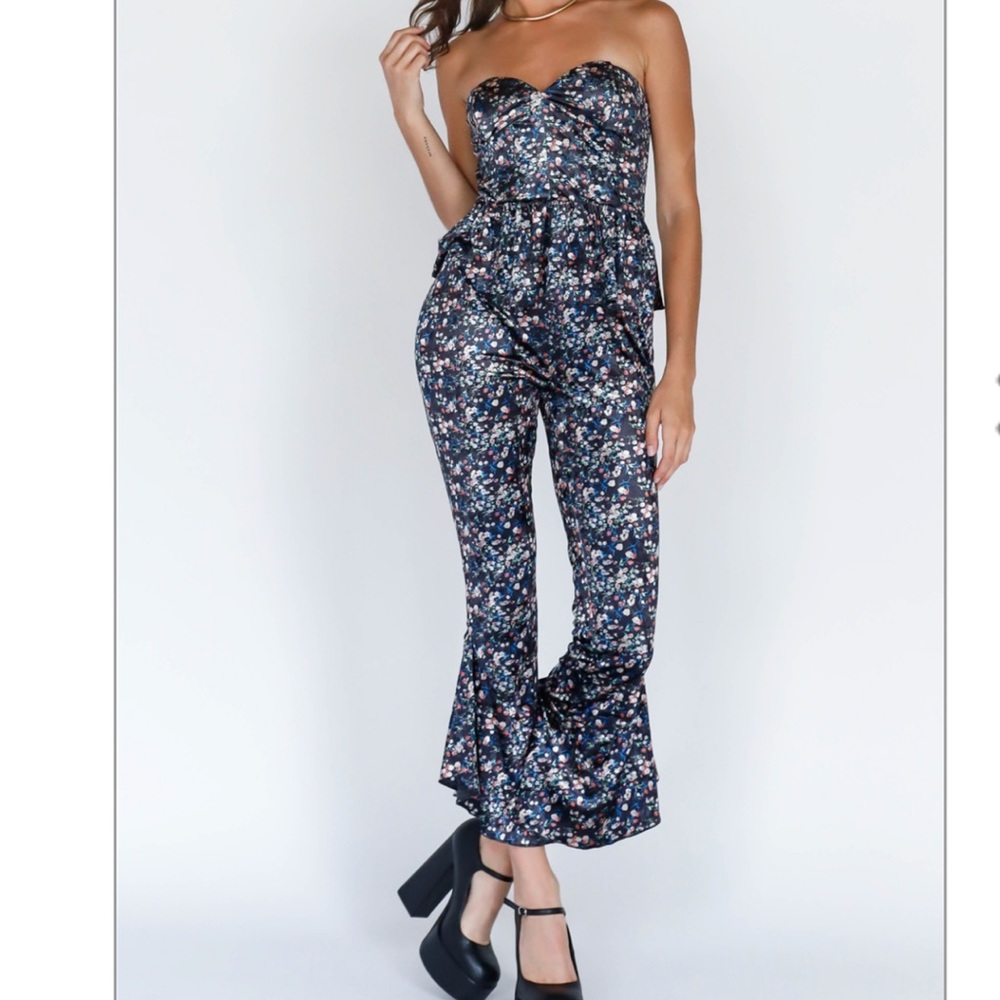 NEW Black Multi Color Floral Print Velvet Top & Flare Hem Pant Set